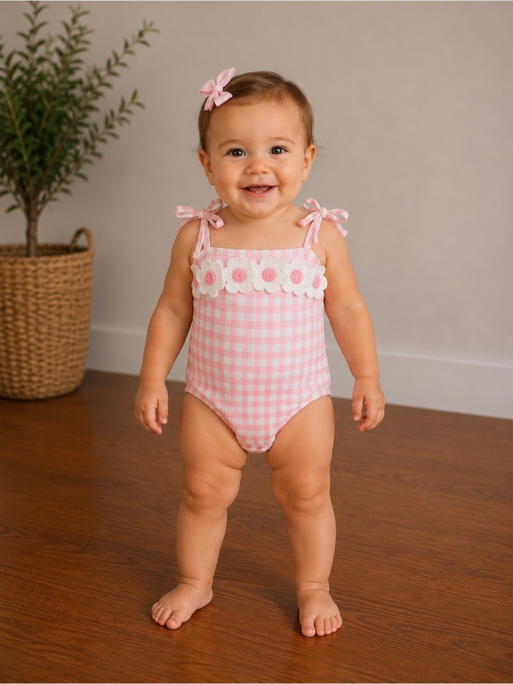 NIcole Miller • nwt Pink Gingham Baby One-Piece with Floral Trim